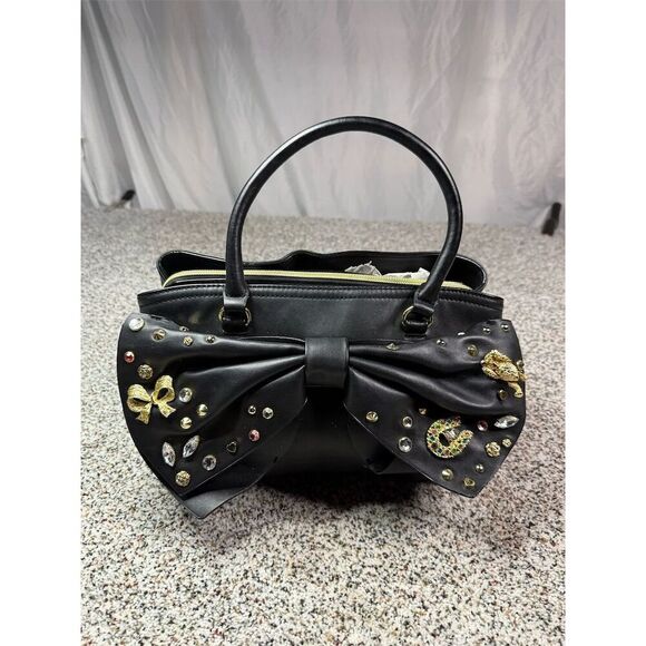 Betsey Johnson Black Bow Satchel Bag with Floral Interior Medium - Picture 8 of 11